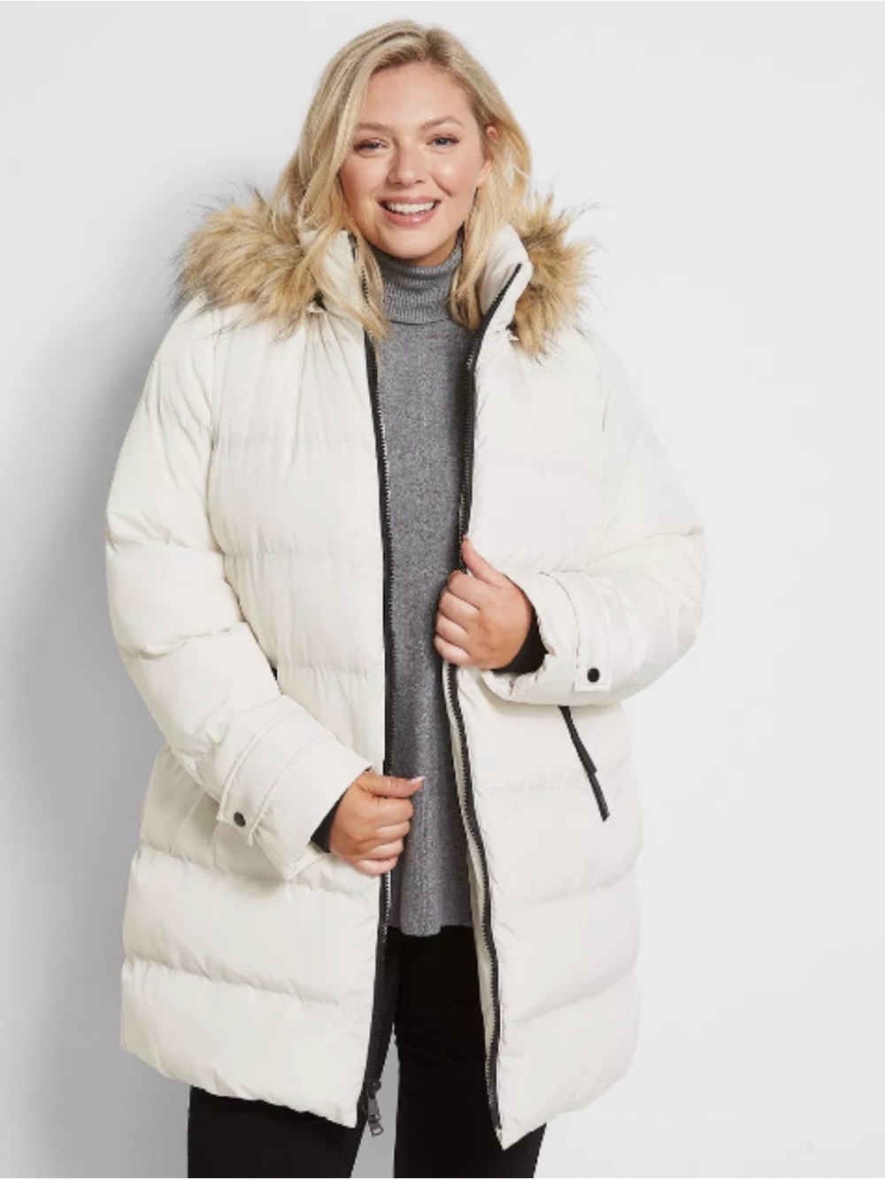 Lane Bryant Cream Puffer Jacket with Faux-Fur Trim Coat